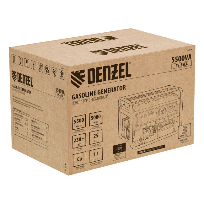 Генератор бензиновый PS 55 EA, 5.5 кВт, 230 В, 25 л, коннектор автоматики, электростартер Denzel Генератор бензиновый PS 55 EA, 5.5 кВт, 230 В, 25 л, коннектор автоматики, электростартер Denzel