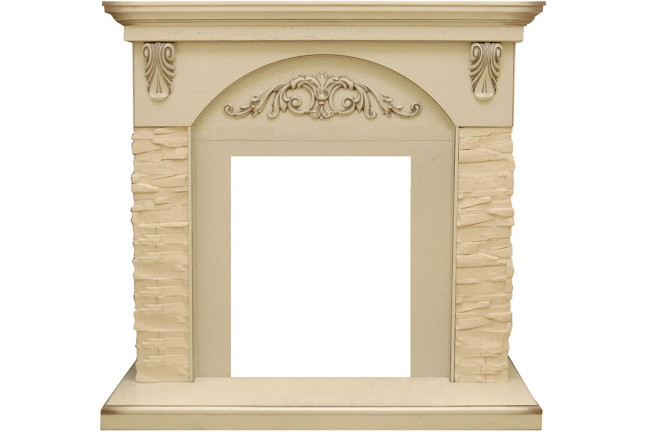 Каминокомплект Bern Сланец крупный бежевый / Алебастр темная патина с очагом Flagstaff