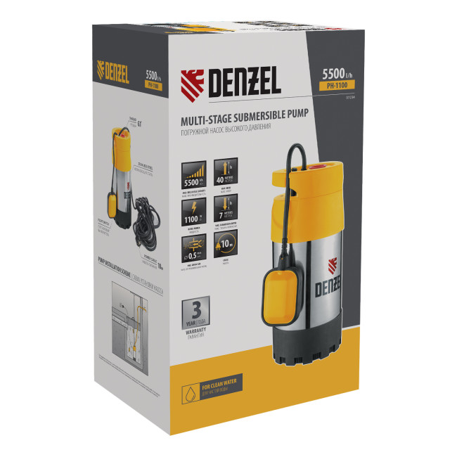 Погружной насос высокого давления PH1100, 1100Вт, подъем 40м, 5500 л/ч Denzel Погружной насос высокого давления PH1100, 1100Вт, подъем 40м, 5500 л/ч Denzel