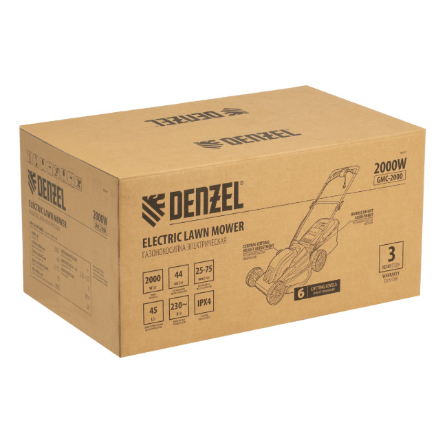 Газонокосилка электрическая GMC-2000, шир. 44см, 2000 Вт, 6 уров., травосб. 45 л Denzel