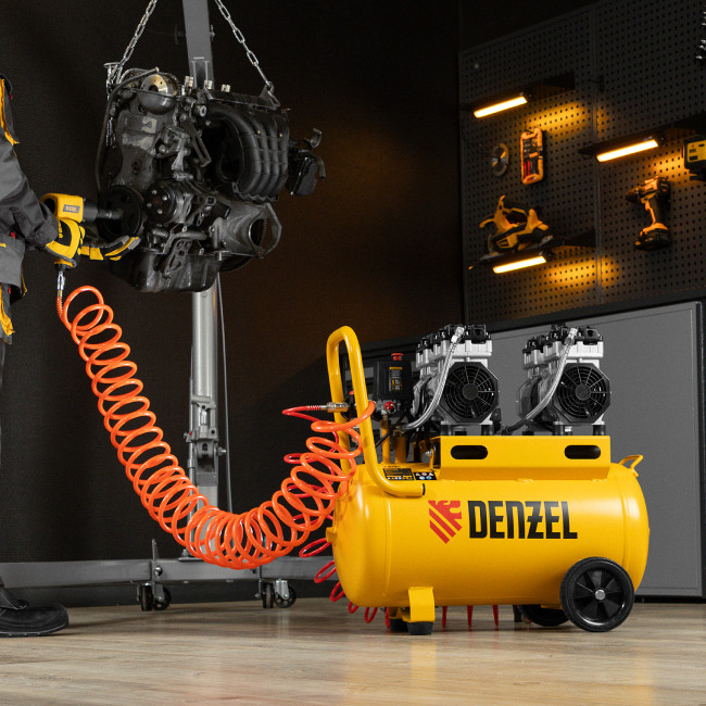 Компрессор безмасляный, малошумный DLS 1500/50, 1500 ВТ, 2x750, 50 л, 260 л/мин Denzel