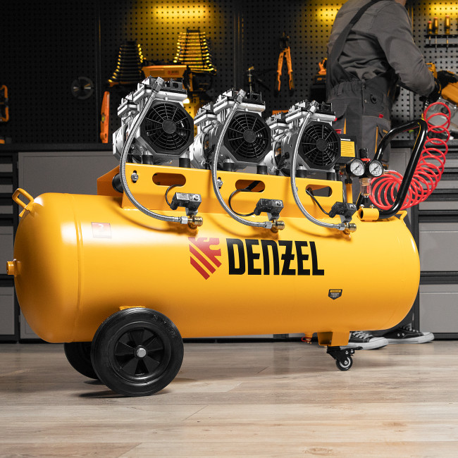 Компрессор безмасляный, малошумный DLS 1800/100,1800 Вт, 3x600, 100 л, 345 л/мин Denzel