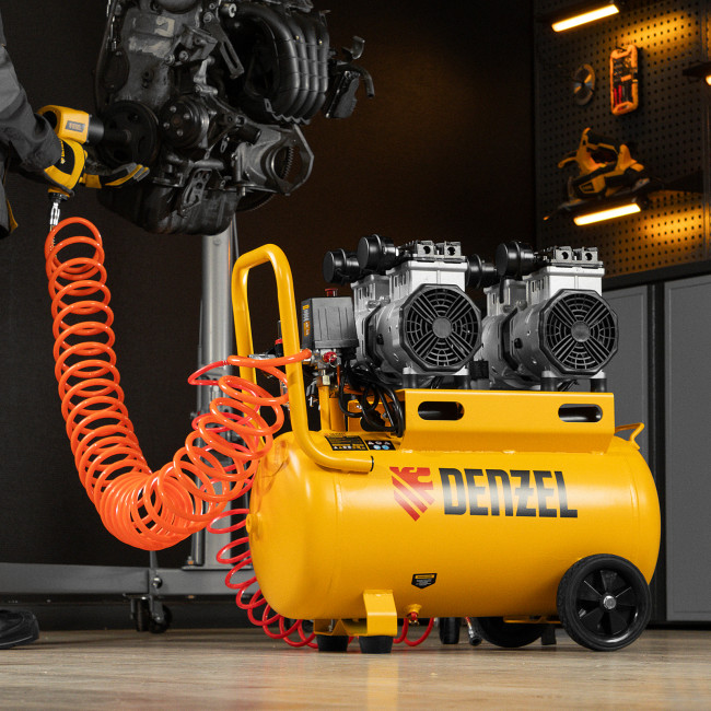 Компрессор безмасляный, малошумный DLS 2200/50, 2200 Вт, 2x1100, 50 л, 380 л/мин Denzel