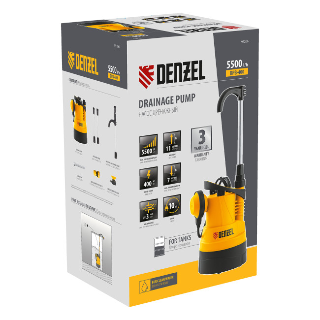 Дренажный насос для чистой воды DPB400, 400 Вт, подъем 11 м, 5500 л/ч Denzel Дренажный насос для чистой воды DPB400, 400 Вт, подъем 11 м, 5500 л/ч Denzel