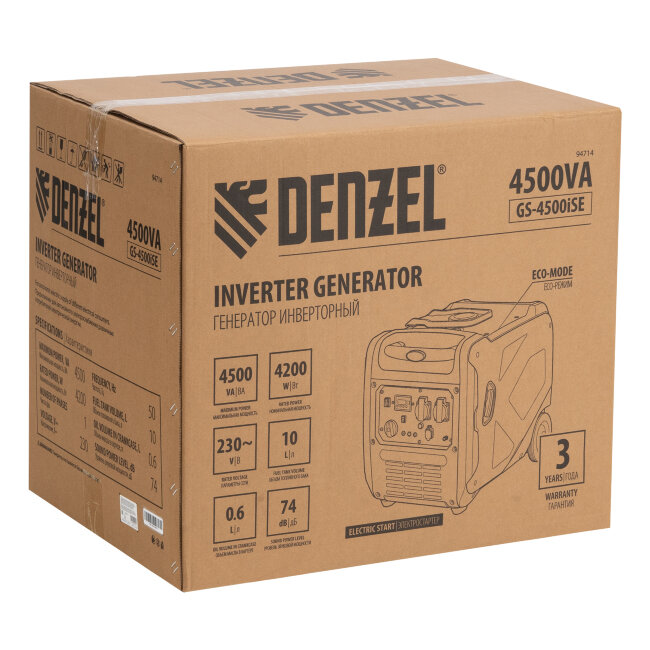 Генератор инверторный GS-4500iSE, 4,5 кВт, 230 В, закрытый корпус, электростартер Denzel Генератор инверторный GS-4500iSE, 4,5 кВт, 230 В, закрытый корпус, электростартер Denzel