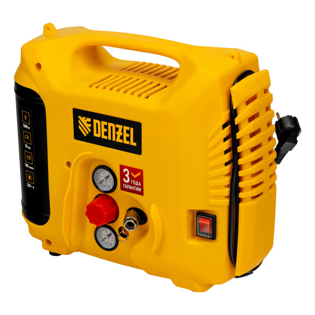 Компрессор воздушный DL1300, 10 бар, 1,3 кВт 180 л/мин 5 л, с набором аксессуаров Denzel Компрессор воздушный DL1300, 10 бар, 1,3 кВт 180 л/мин 5 л, с набором аксессуаров Denzel