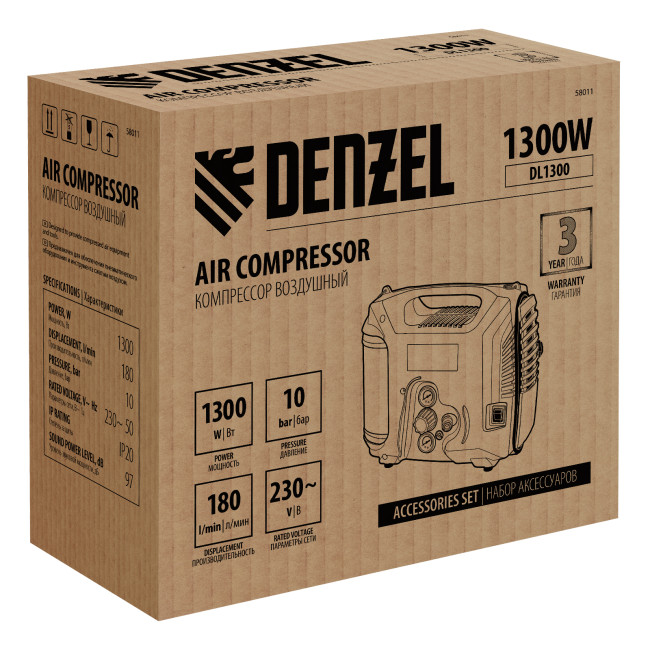 Компрессор воздушный DL1300, 10 бар, 1,3 кВт 180 л/мин 5 л, с набором аксессуаров Denzel Компрессор воздушный DL1300, 10 бар, 1,3 кВт 180 л/мин 5 л, с набором аксессуаров Denzel