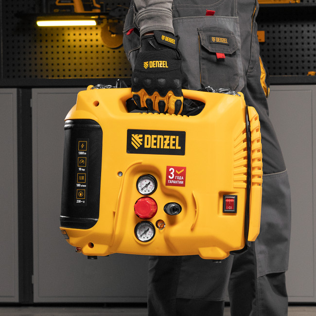 Компрессор воздушный DL1300, 10 бар, 1,3 кВт 180 л/мин 5 л, с набором аксессуаров Denzel Компрессор воздушный DL1300, 10 бар, 1,3 кВт 180 л/мин 5 л, с набором аксессуаров Denzel