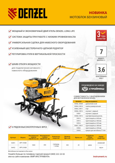 Мотоблок DPT-270SB, 7 л.с., ремен.сцеп, фрез 3х4, ШОМ, без колес, передачи 2В/1Н Denzel