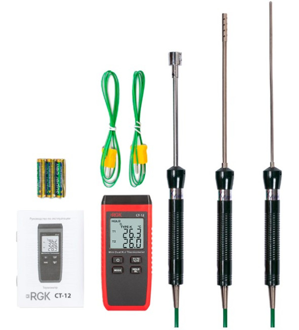 Термометр RGK CT-12 с зондом температуры воздуха TR-10A, поверхностным зондом TR-10S и погружным зондом температуры TR-10W с поверкой